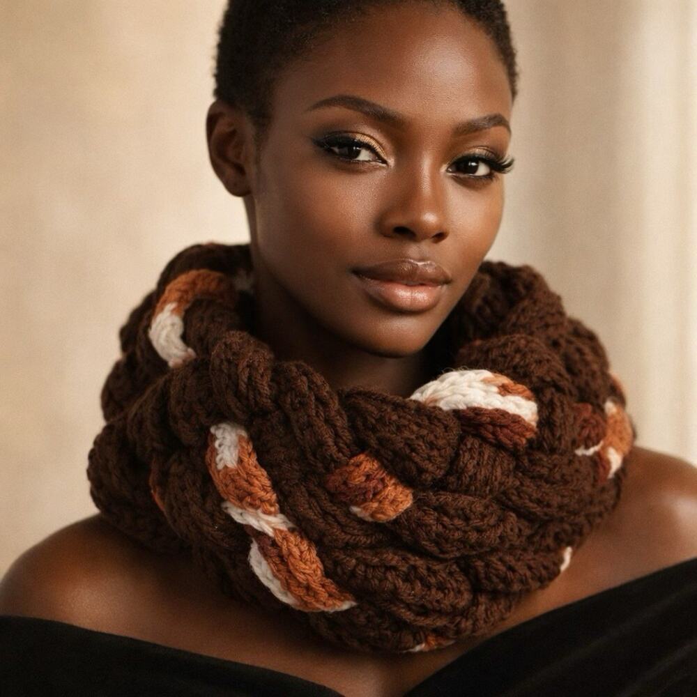Chunky Knit Fall Colors Infinity Circle Scarf Brown Orange Handmade Crochet